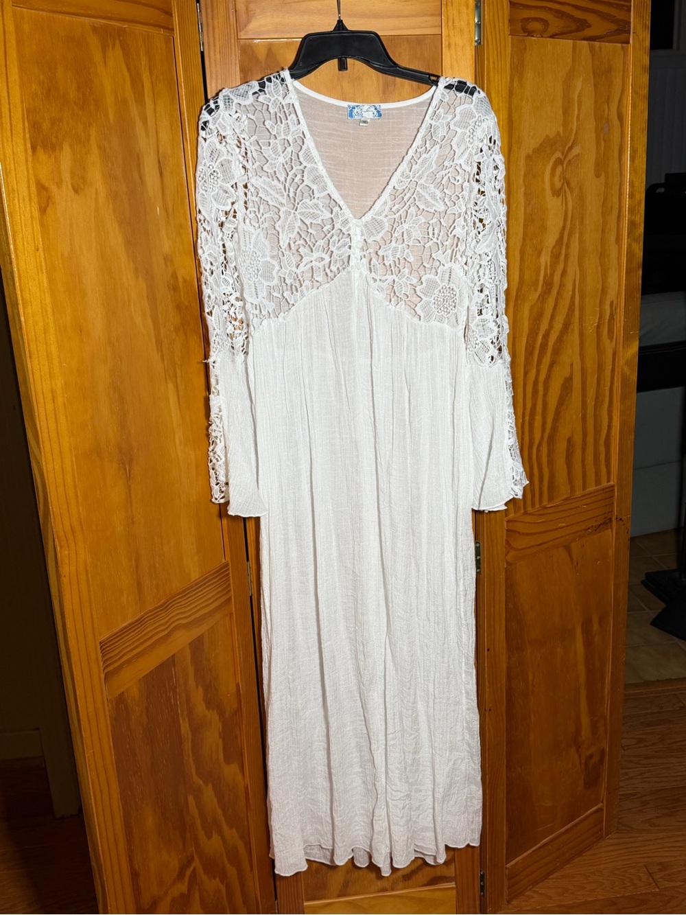 Boho White Maxi Dress/Coverup with Floral Lace Yoke| Sz M|Resort, Coastal